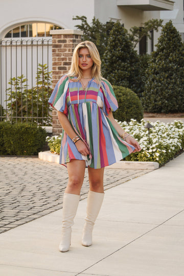Apple Orchard Multi Stripe Babydoll Short Sleeve Dress