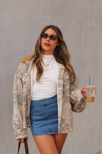 Woodland Camo Oversized Denim Jacket With Contrasting Collar