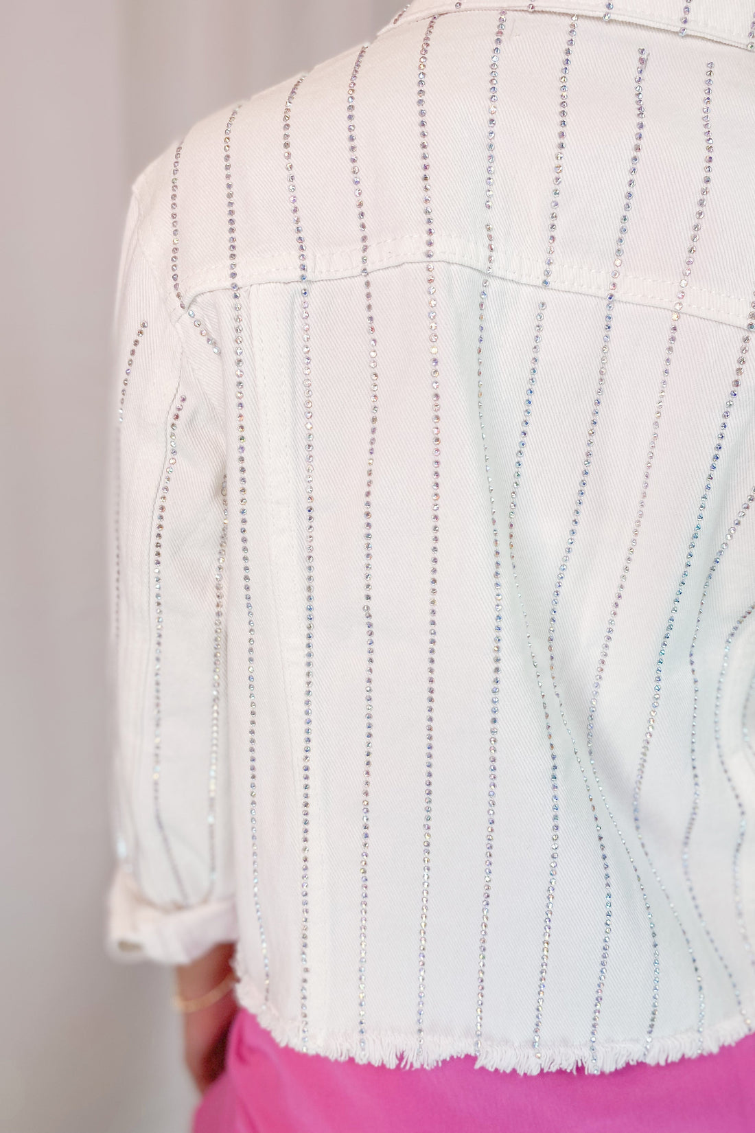 White Kyler Rhinestone Raw Hem Denim Jacket