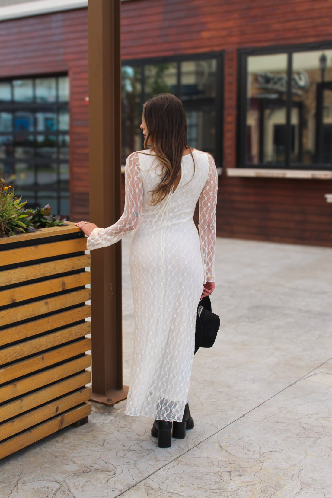 Ivory Lace Overlay Long Sleeve Maxi Dress