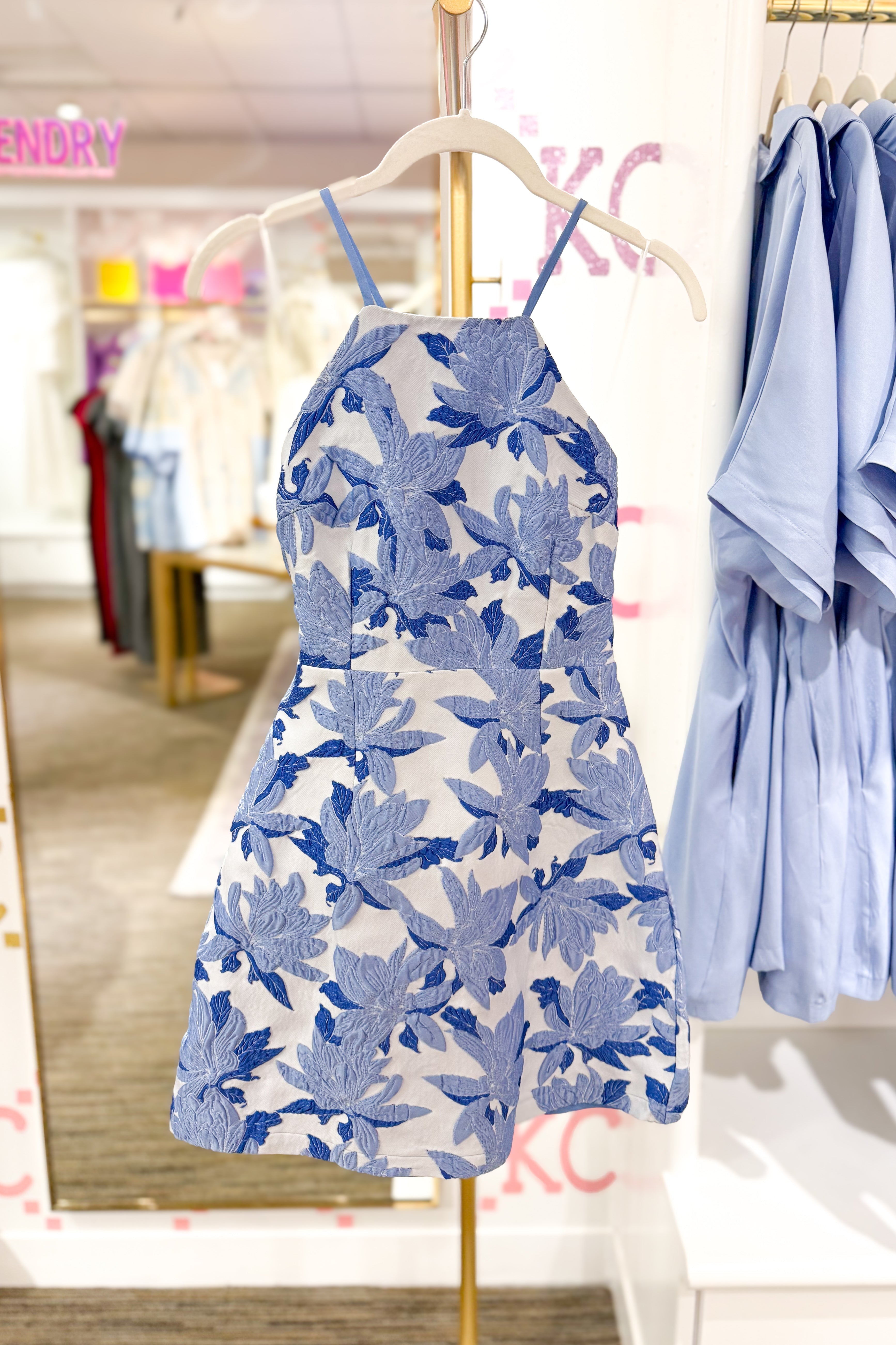 Blue Jacquard Floral High Neck Mini Dress