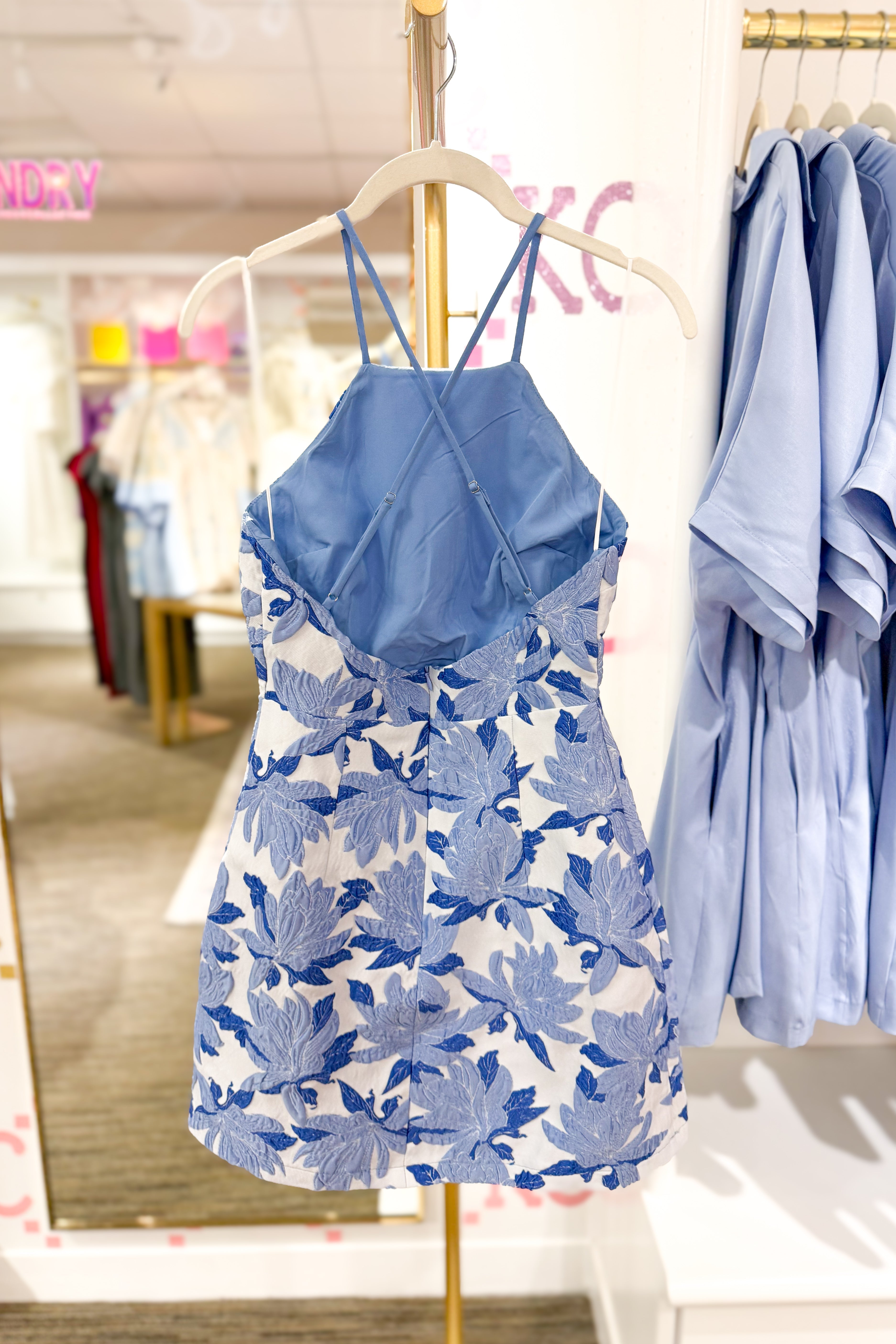 Blue Jacquard Floral High Neck Mini Dress