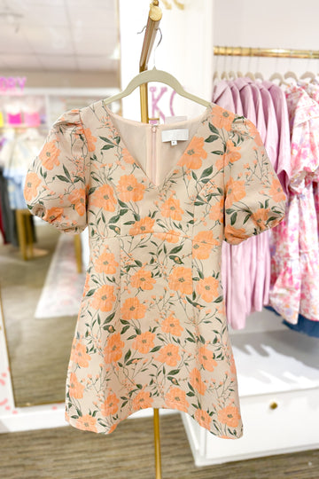 Orange Floral Puff Sleeve Mini Dress
