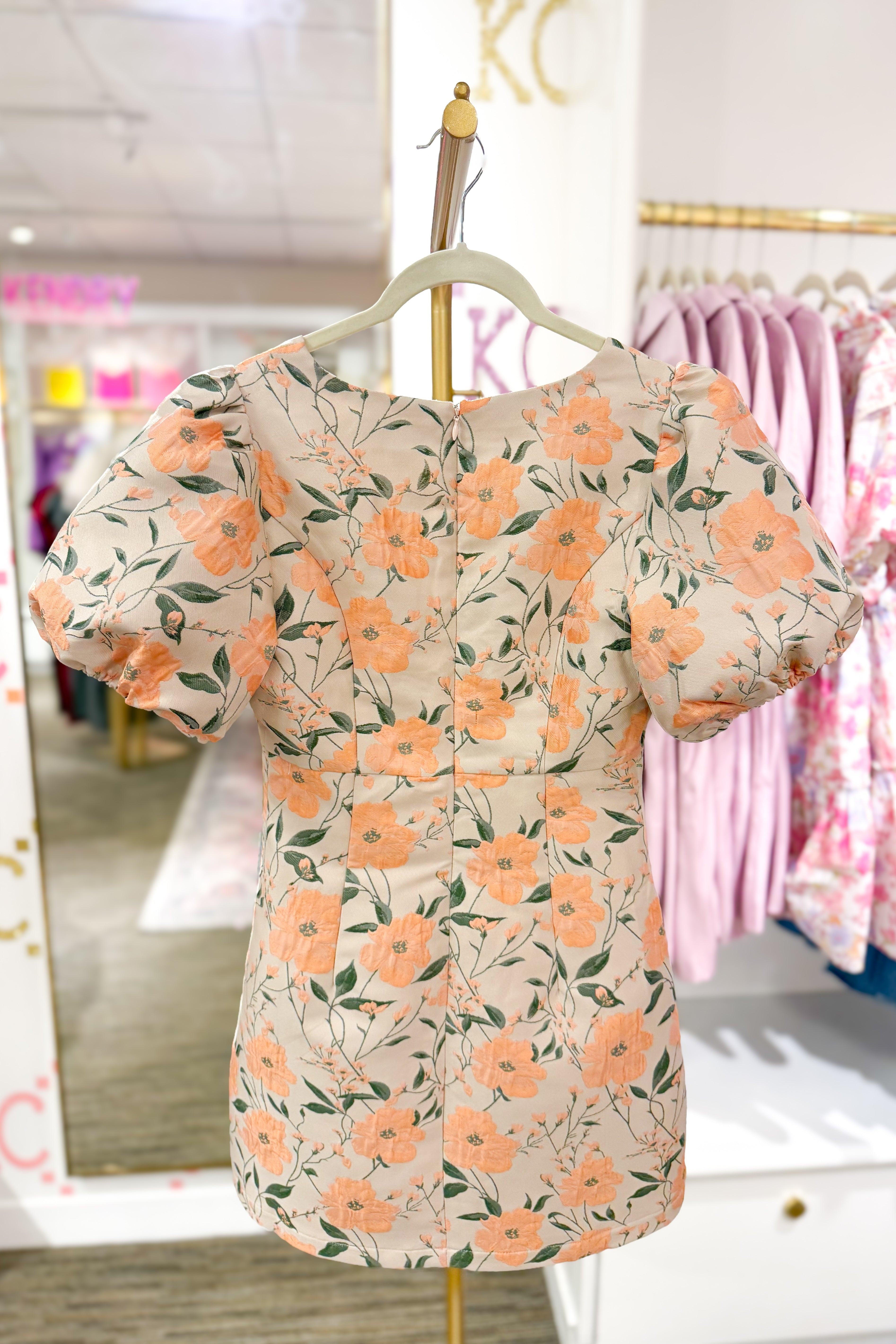 Orange Floral Puff Sleeve Mini Dress