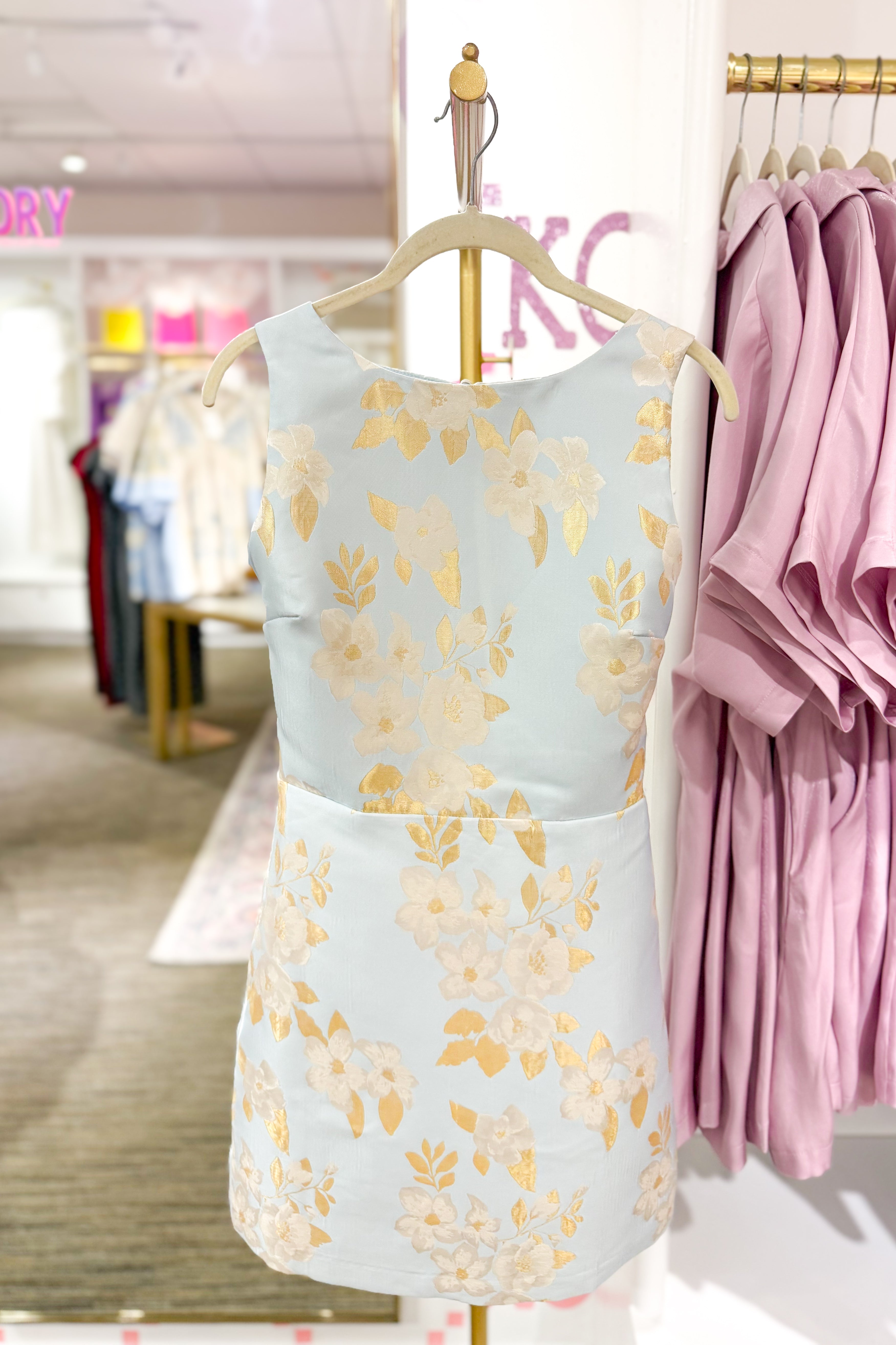 Sky Blue and Gold Floral Cutout Back Mini Dress