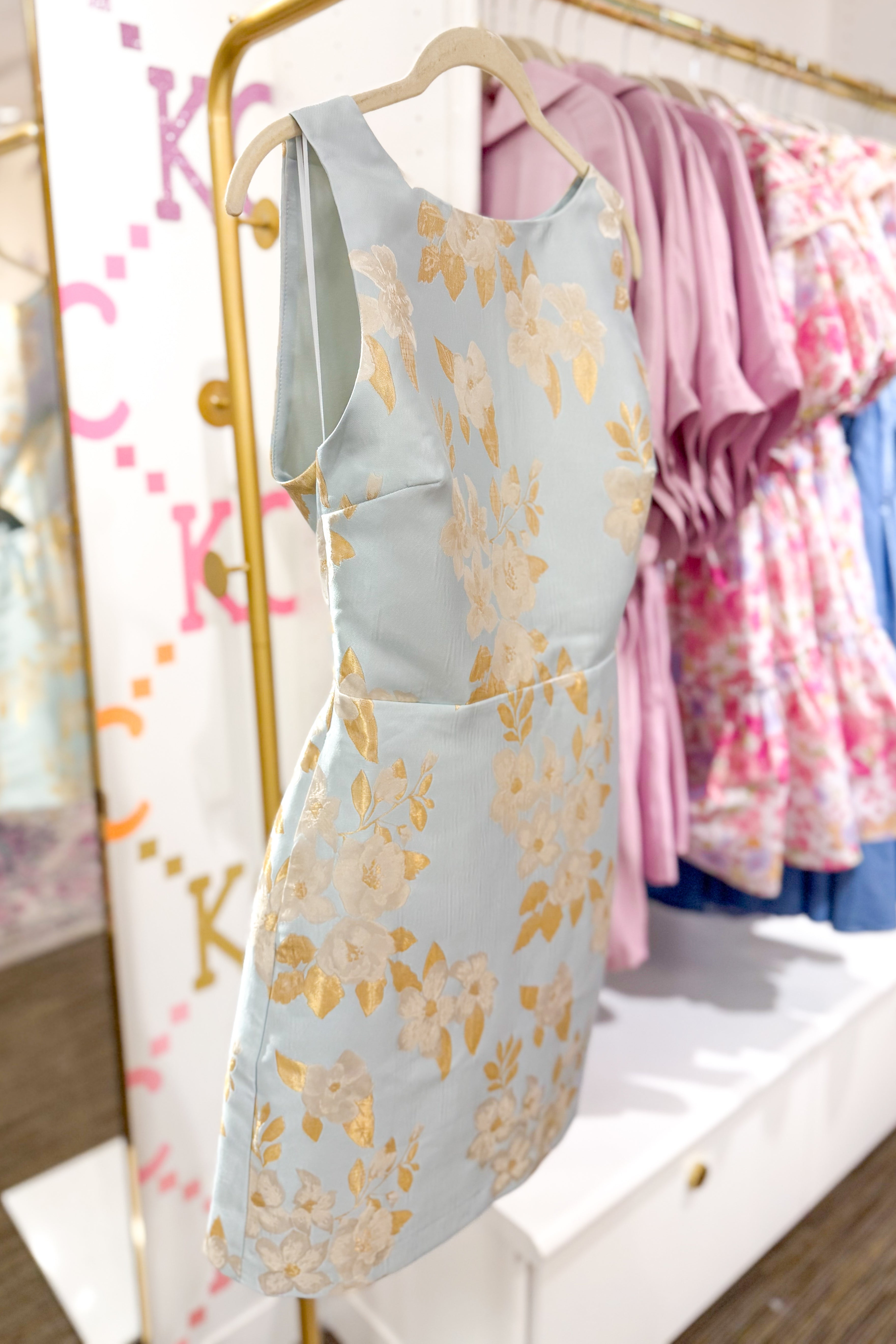 Sky Blue and Gold Floral Cutout Back Mini Dress