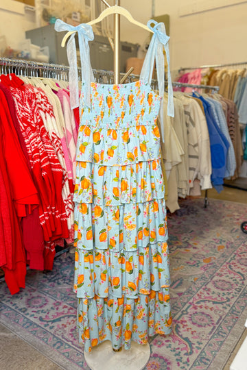 Freshly Squeezed Oranges Blue Tiered Ruffle Maxi Dress