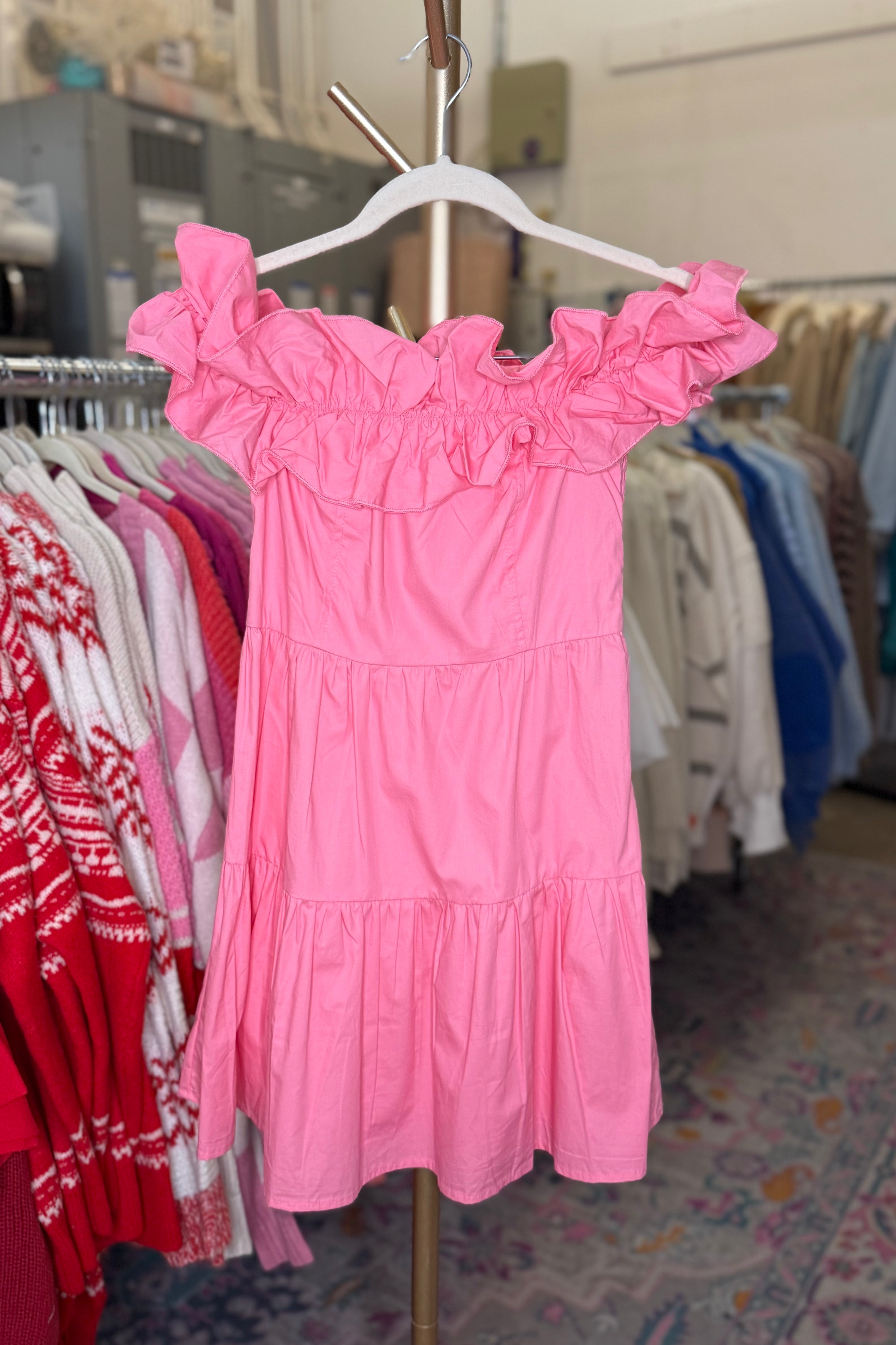 Pink Off The Shoulder Ruffle Top Mini Dress