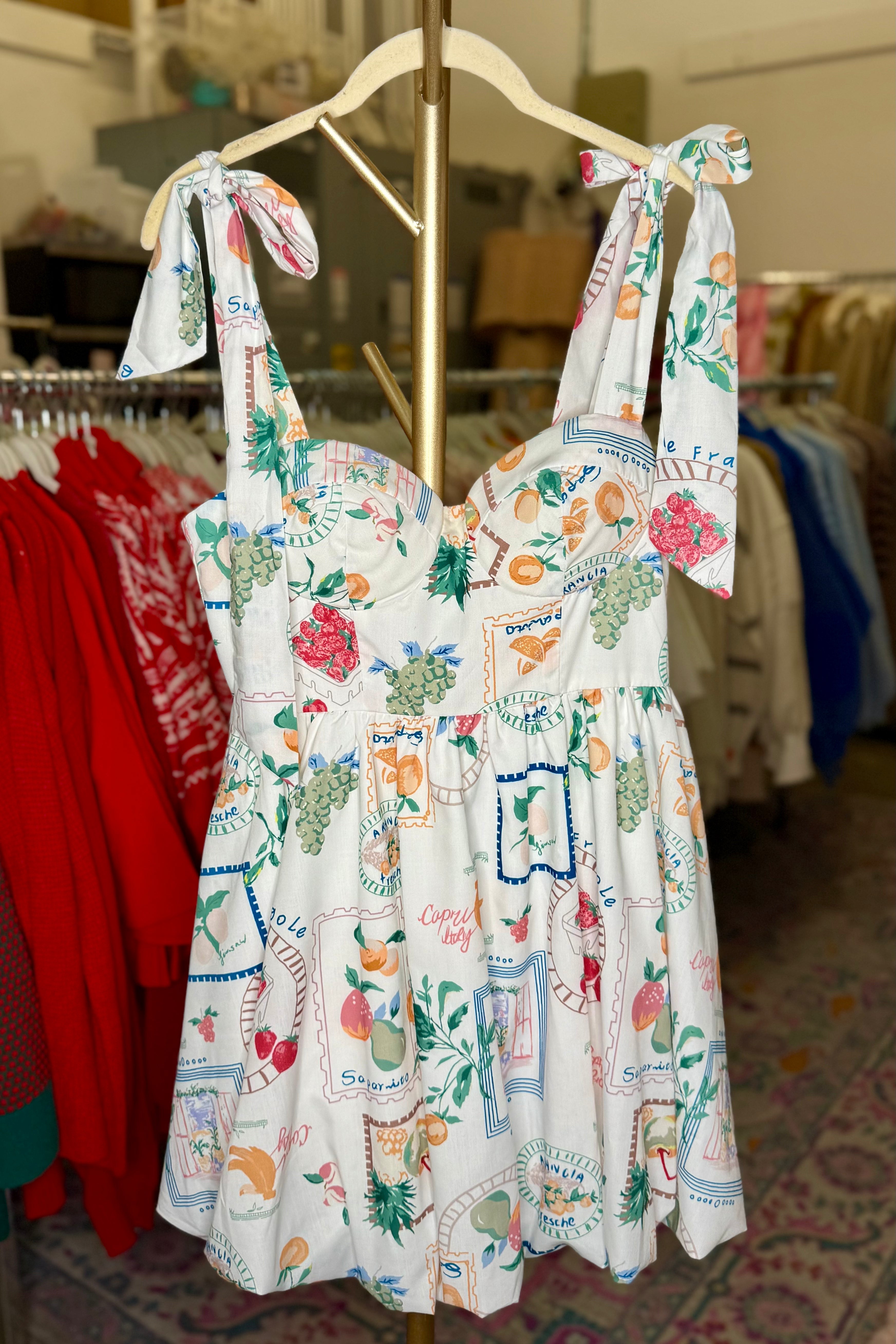 Vacation Postcard Pattern Tie Sleeve Mini Dress