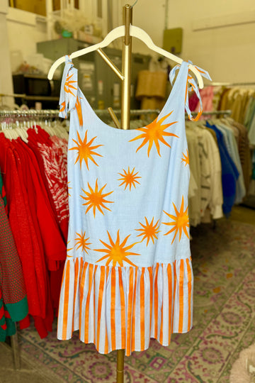 Blue and Orange Starburst Shoulder Tie Mini Dress