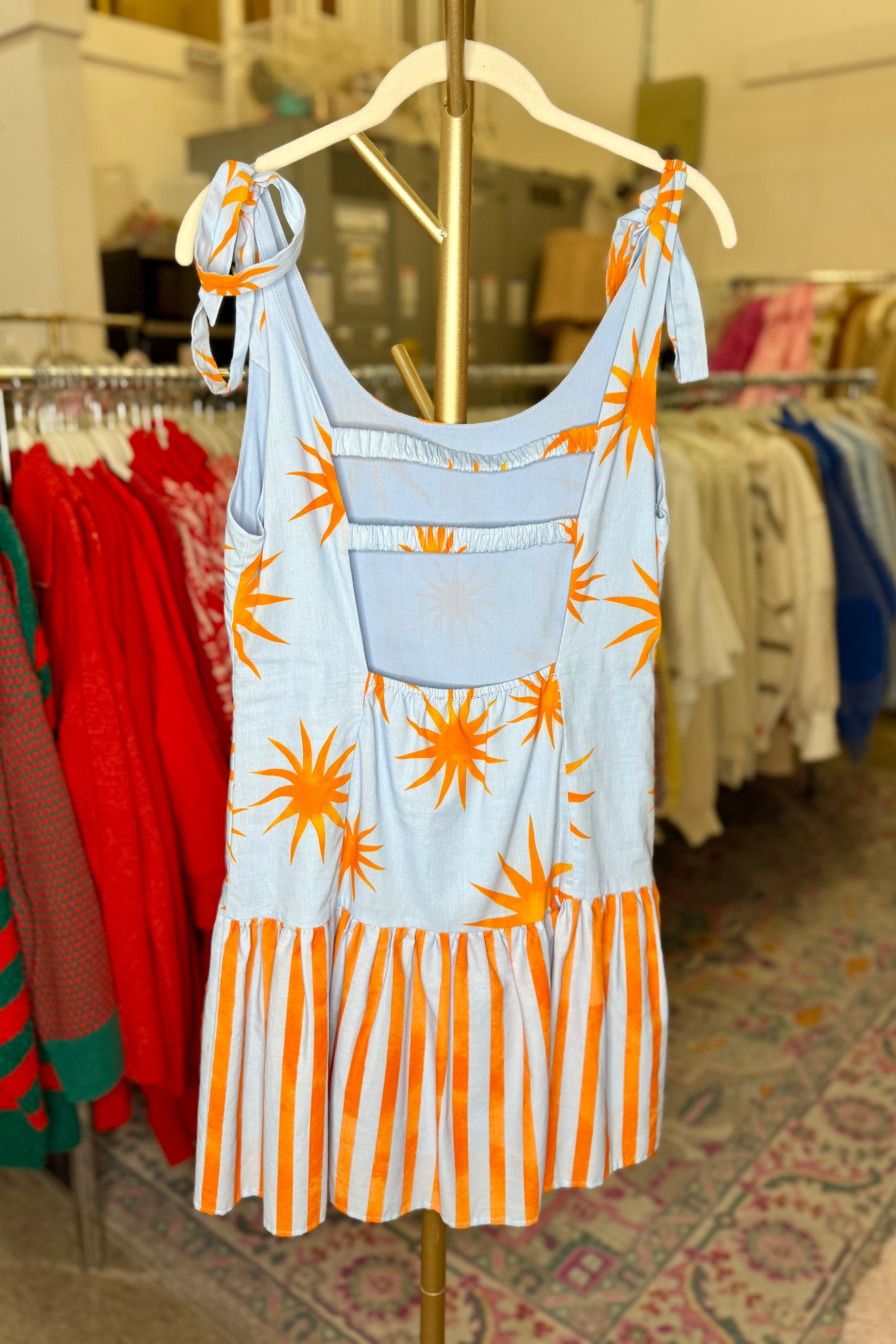 Blue and Orange Starburst Shoulder Tie Mini Dress