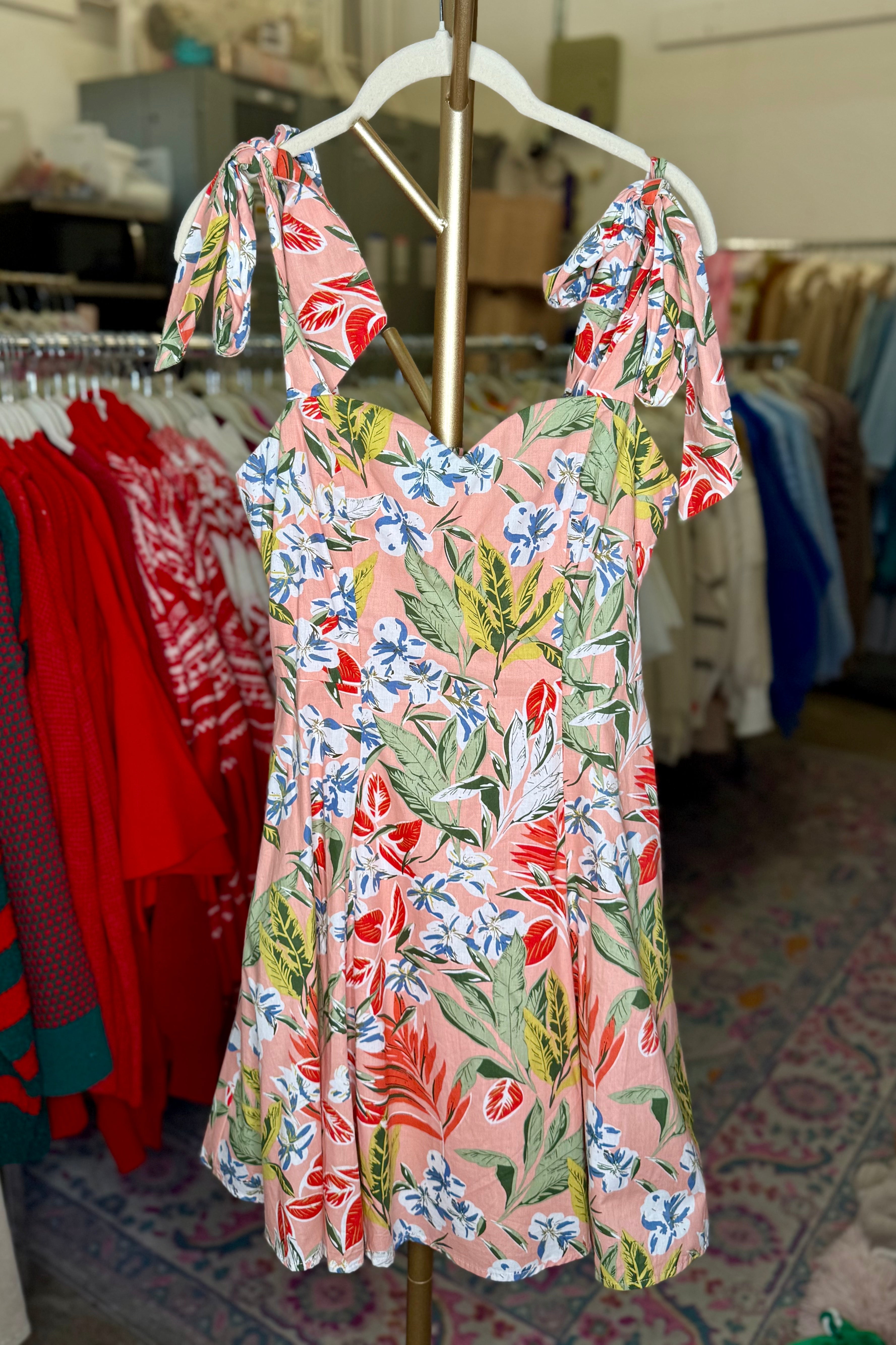 Peach Floral Tie Strap Mini Dress