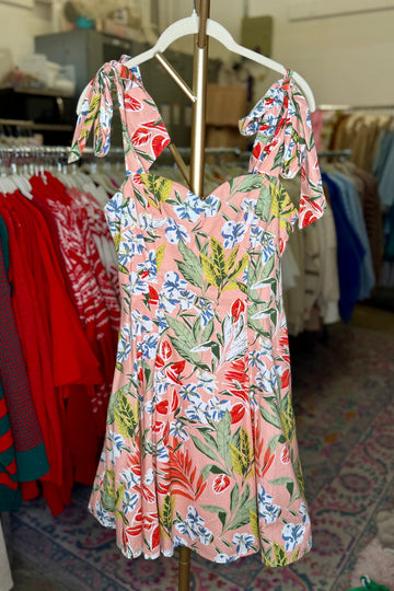Peach Floral Tie Strap Mini Dress