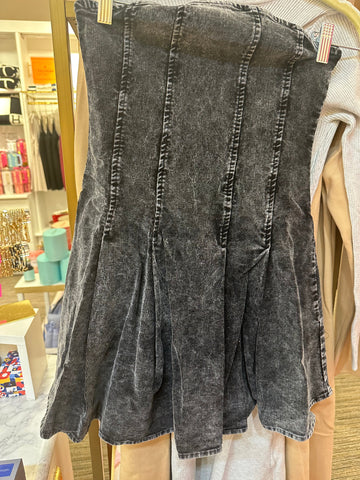 Black Strapless Denim Pleated Mini Dress