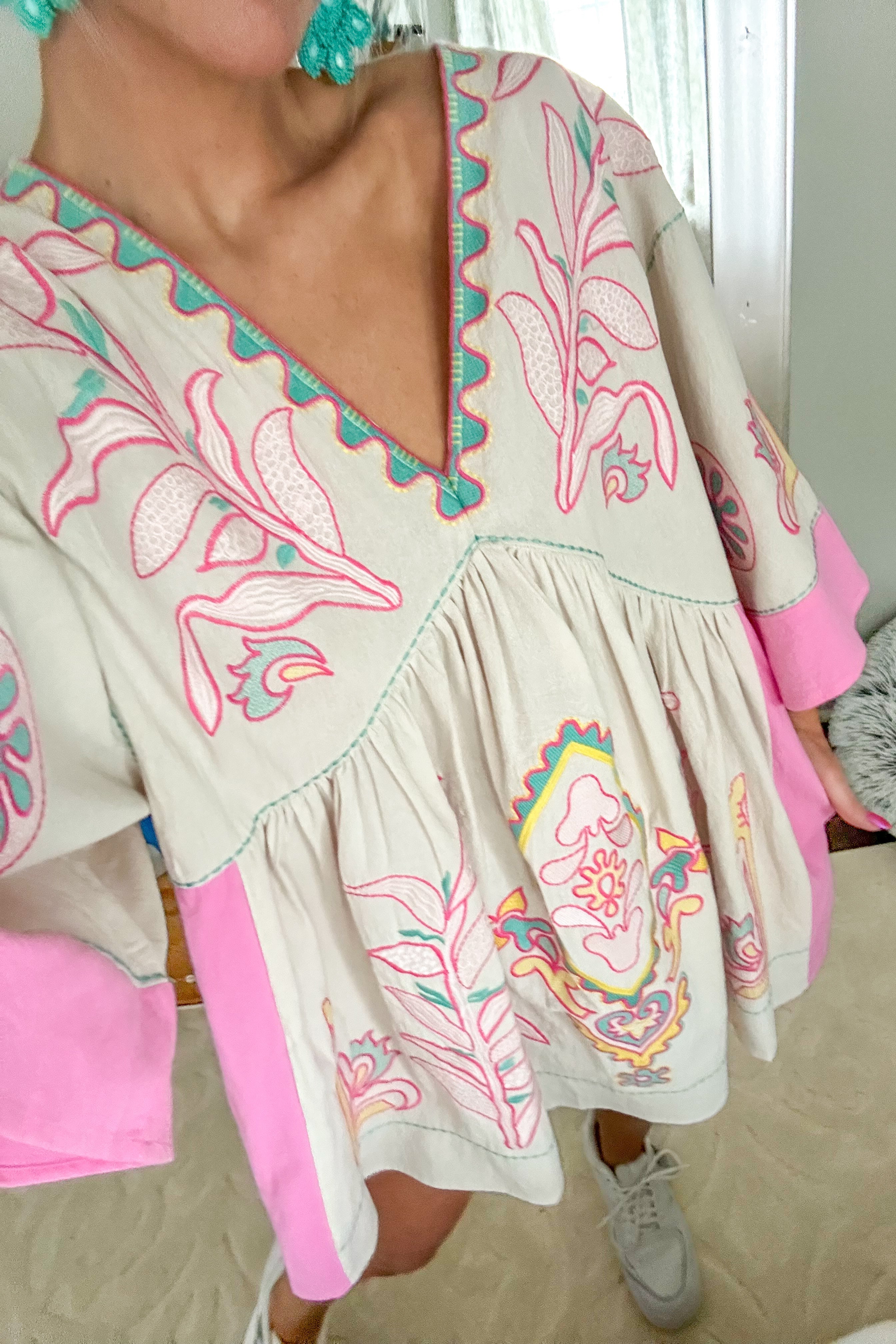 Pink Floral Embroidered Mini Dress