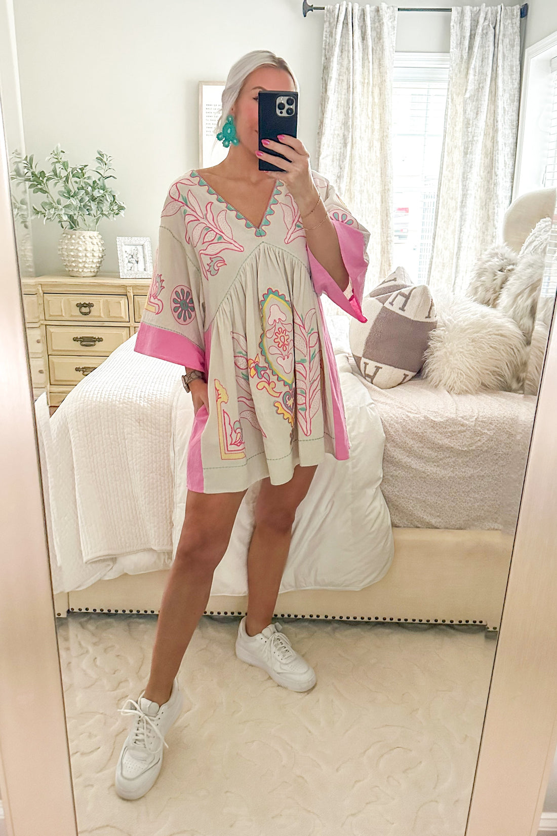 Pink Floral Embroidered Mini Dress