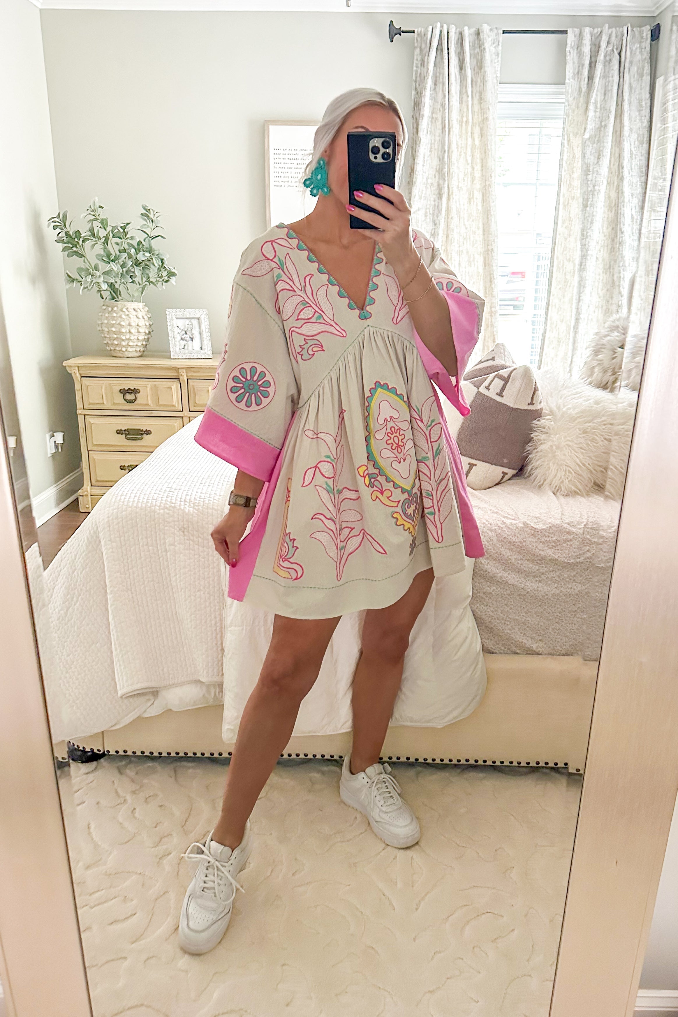 Pink Floral Embroidered Mini Dress