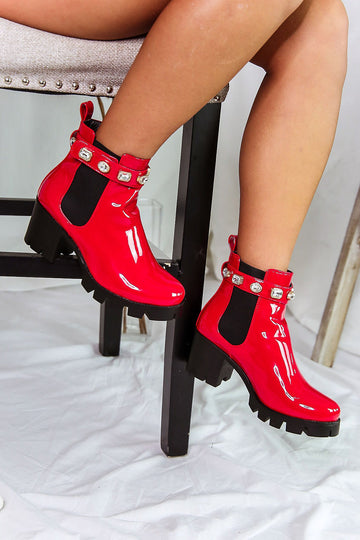 Red Rhinestone Amulet Ankle Booties
