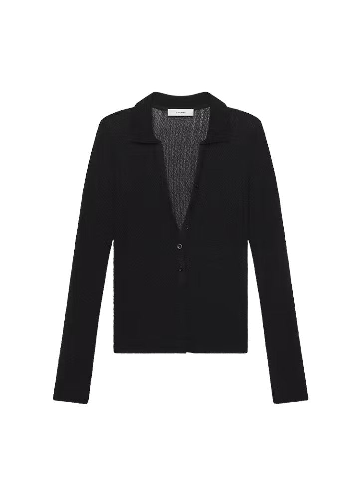 Mesh Lace Long Sleeve Polo - Black