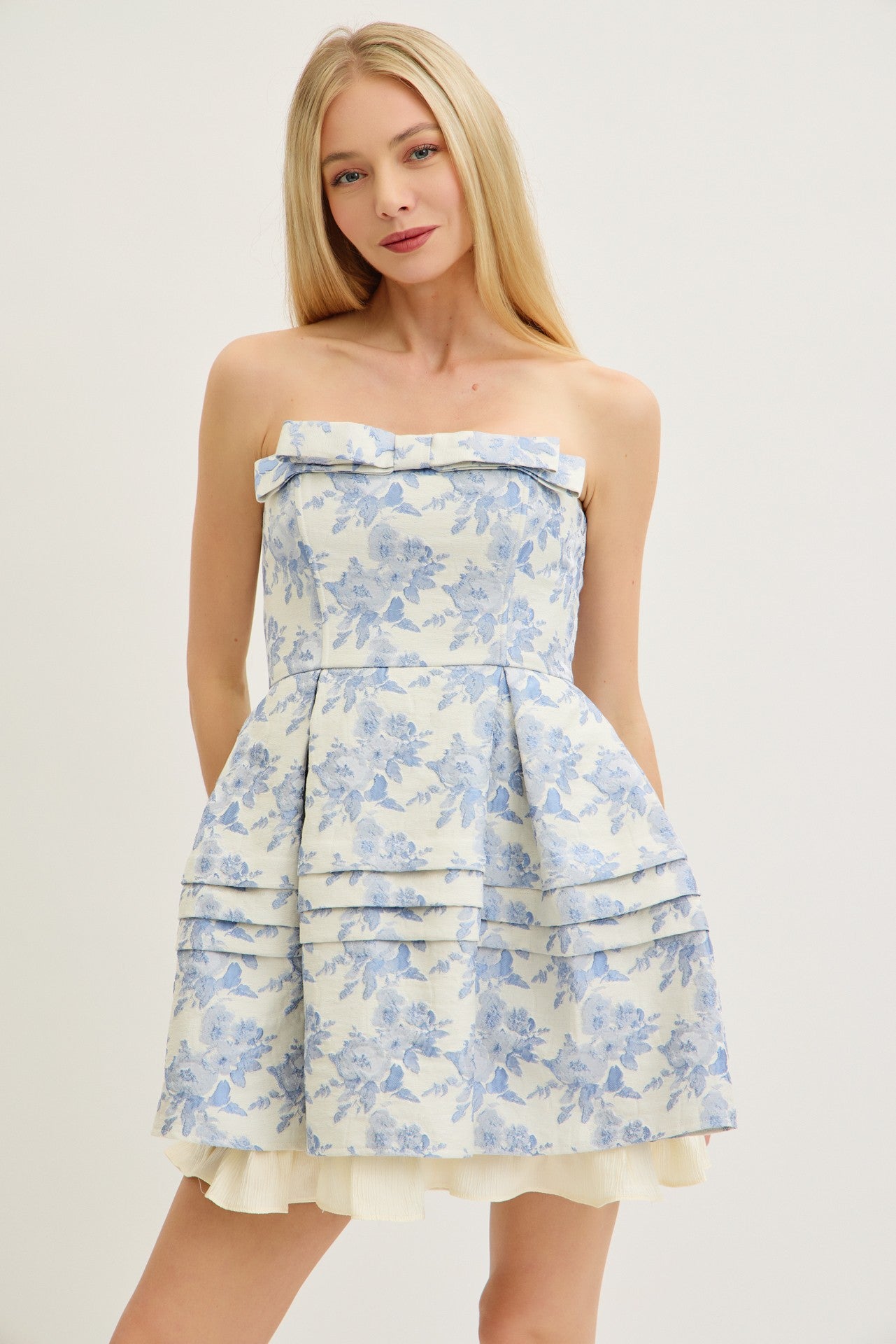 Blue Floral Tiered Ruffle Mini Dress With Bow Detail