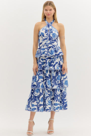 Blue Floral Tiered Ruffle Maxi Dress