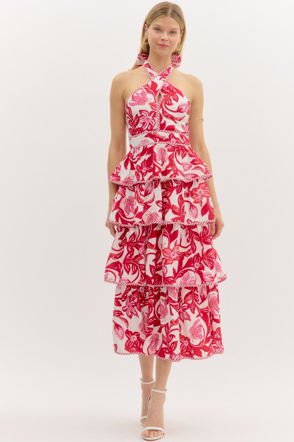 Red Floral Tiered Ruffle Maxi Dress
