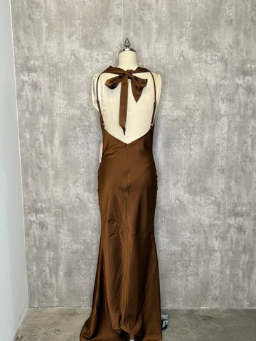 Chocolate Brown Satin Cowl Neck Maxi Dress